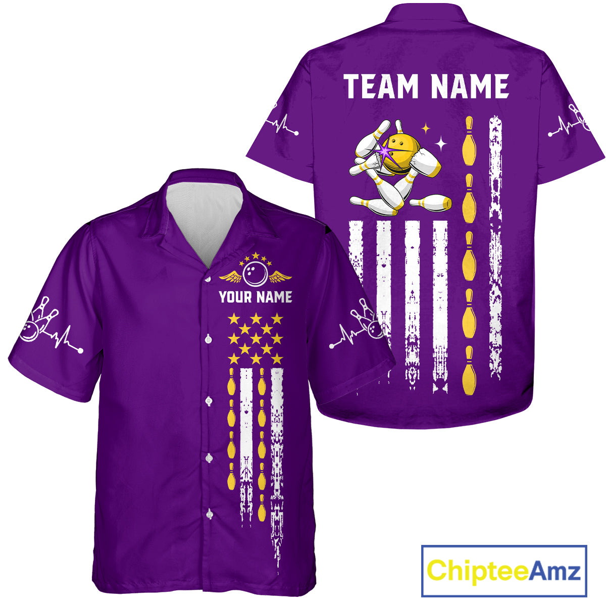 Yellow and Purple Retro American Flag Bowling Hawaiian Shirt Custom Patriotic Bowling Team Jerseys NQS11213