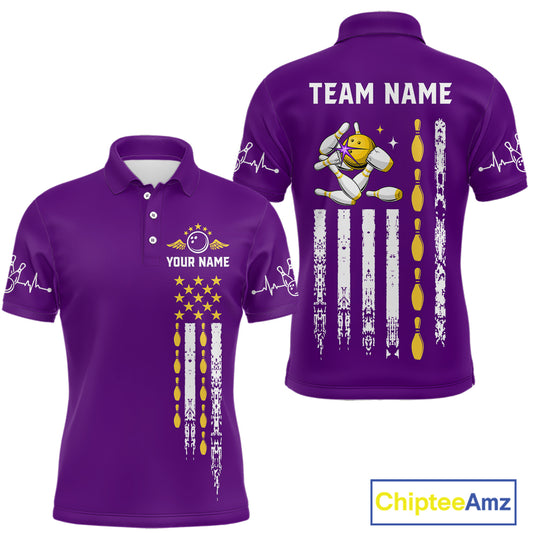 Yellow and Purple Retro American Flag Bowling Shirts For Men Custom Patriotic Bowling Team Jerseys NQS11213