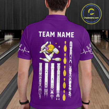 Yellow and Purple Retro American Flag Bowling Shirts For Men Custom Patriotic Bowling Team Jerseys NQS11213