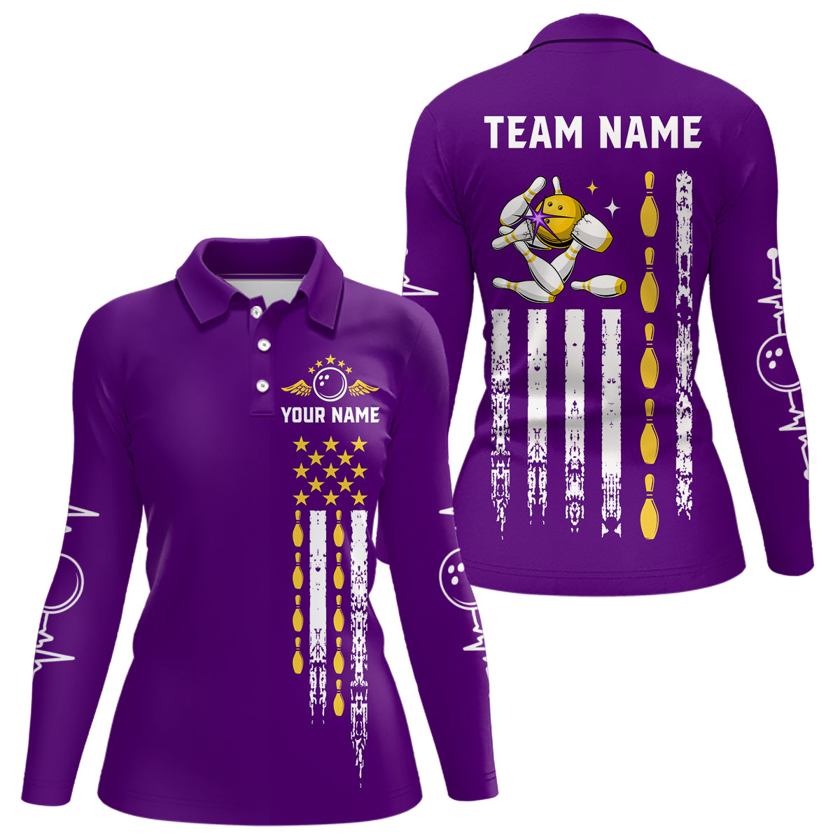 Yellow and Purple Retro American Flag Bowling Shirts For Women Custom Patriotic Bowling Team Jerseys NQS11213