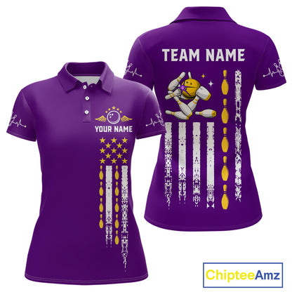 Yellow and Purple Retro American Flag Bowling Shirts For Women Custom Patriotic Bowling Team Jerseys NQS11213