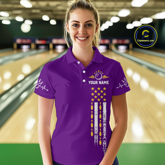 Yellow and Purple Retro American Flag Bowling Shirts For Women Custom Patriotic Bowling Team Jerseys NQS11213