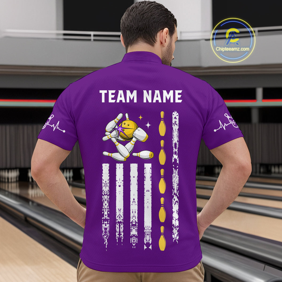 Yellow and Purple Retro American Flag Bowling Shirts For Men Custom Patriotic Bowling Team Jerseys NQS11213