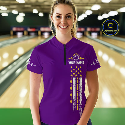 Yellow and Purple Retro American Flag Bowling Shirts For Women Custom Patriotic Bowling Team Jerseys NQS11213