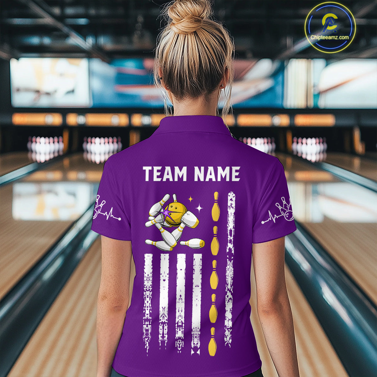 Yellow and Purple Retro American Flag Bowling Shirts For Women Custom Patriotic Bowling Team Jerseys NQS11213