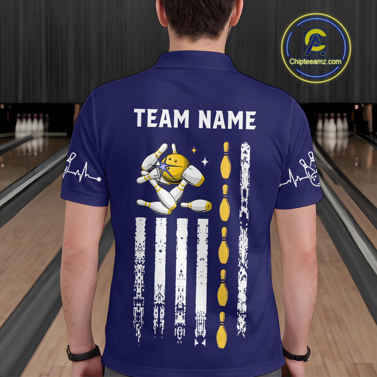Yellow and Navy Blue Retro American Flag Bowling Shirts For Men Custom Patriotic Bowling Team Jerseys NQS11214