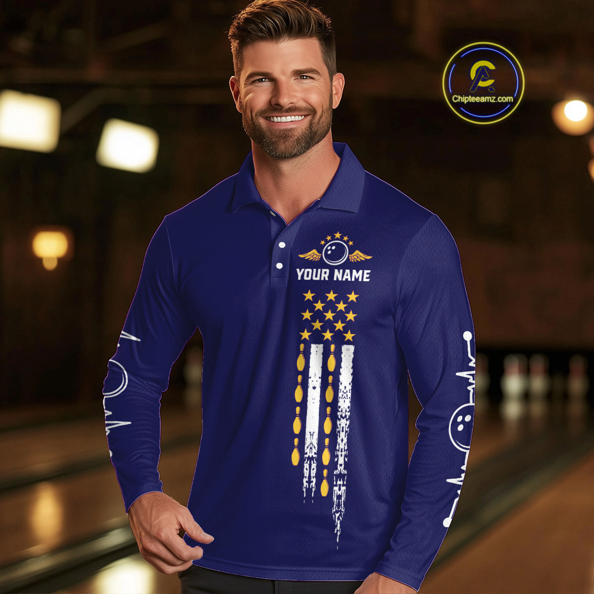 Yellow and Navy Blue Retro American Flag Bowling Shirts For Men Custom Patriotic Bowling Team Jerseys NQS11214