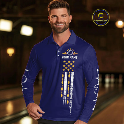 Yellow and Navy Blue Retro American Flag Bowling Shirts For Men Custom Patriotic Bowling Team Jerseys NQS11214