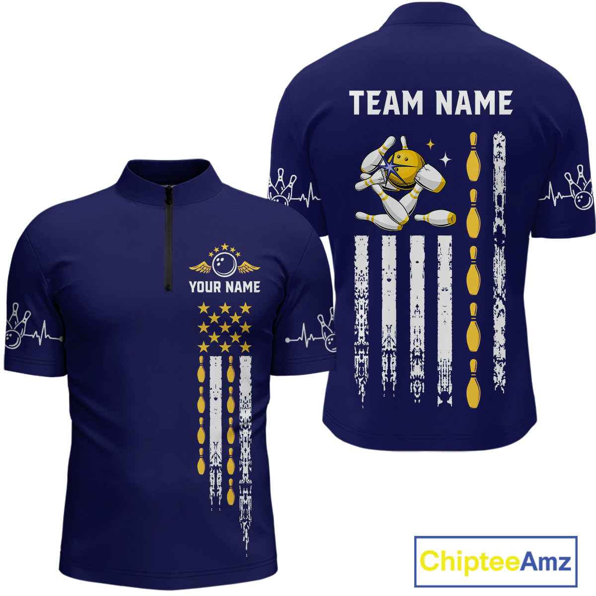 Yellow and Navy Blue Retro American Flag Bowling Shirts For Men Custom Patriotic Bowling Team Jerseys NQS11214