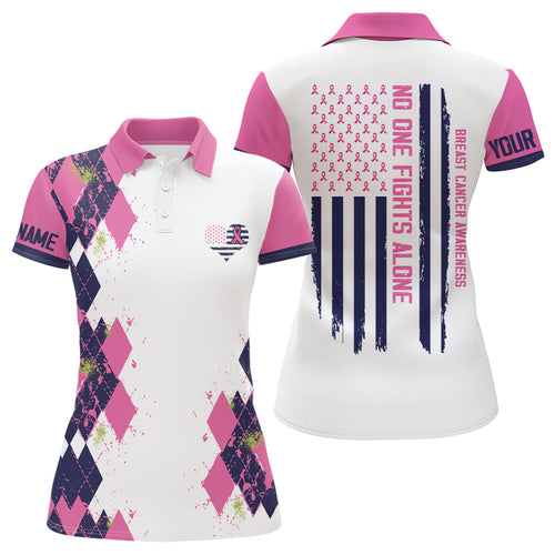 Pink argyle white Womens golf polo shirts custom no one fights alone US flag breast cancer awareness NQS6103