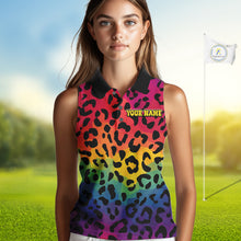 Load image into Gallery viewer, Custom Colorful rainbow pattern Women Sleeveless polo shirt, Personalized animal print golf outfit NQS10405