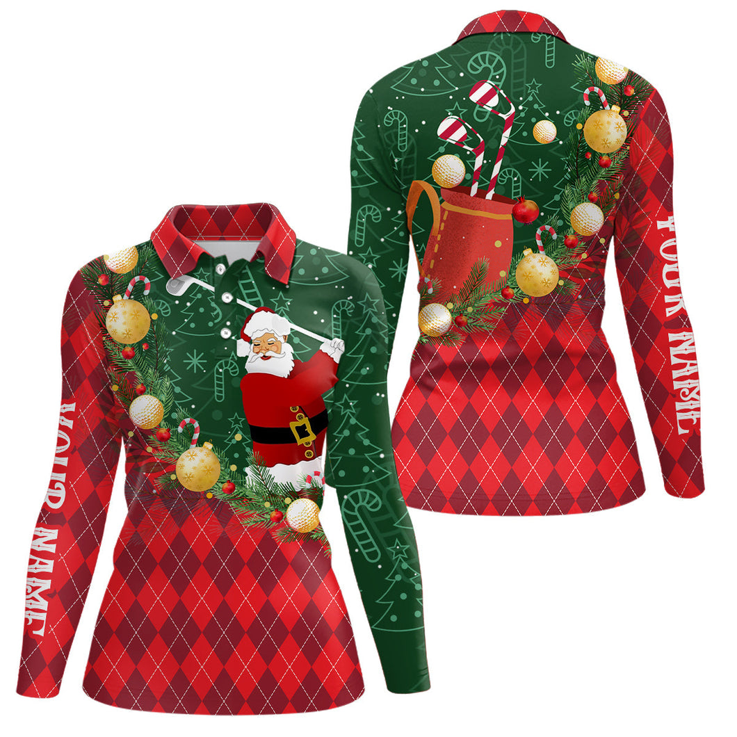 Christmas Santa Playing Golf Green and Red argyle pattern Womens golf polo shirts Custom golf outfits NQS8738