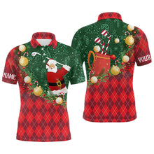 Load image into Gallery viewer, Christmas Santa Playing Golf Green and Red argyle pattern Men Golf Polo Shirt Custom Mens golf outfits NQS8738