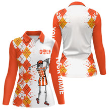 Load image into Gallery viewer, Women golf polo shirts argyle pattern custom skull golf outfit ladies, golf attire for womens | Orange NQS6561