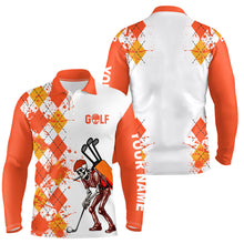 Load image into Gallery viewer, Men golf polo shirts argyle pattern custom skull golf outfit men, golf attire for mens | Orange NQS6561