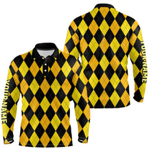 Load image into Gallery viewer, Mens golf polo shirts custom yellow and black argyle plaid pattern golf attire for men NQS7811