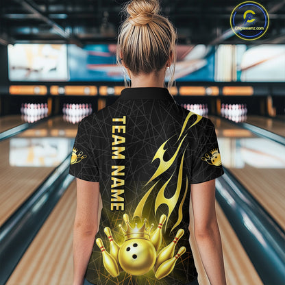 Black and Gold Flame Bowling Shirts For Women Custom Bowling Team League Jersey, Gift For Bowler NQS10439