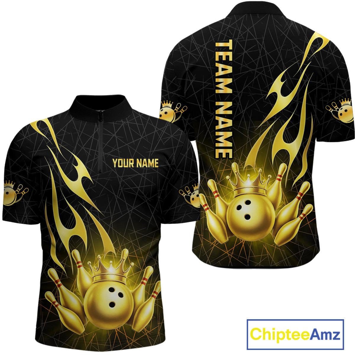 Black and Gold Flame Bowling Shirts For Men Custom Bowling Team League Jersey, Gift For Bowler NQS10439