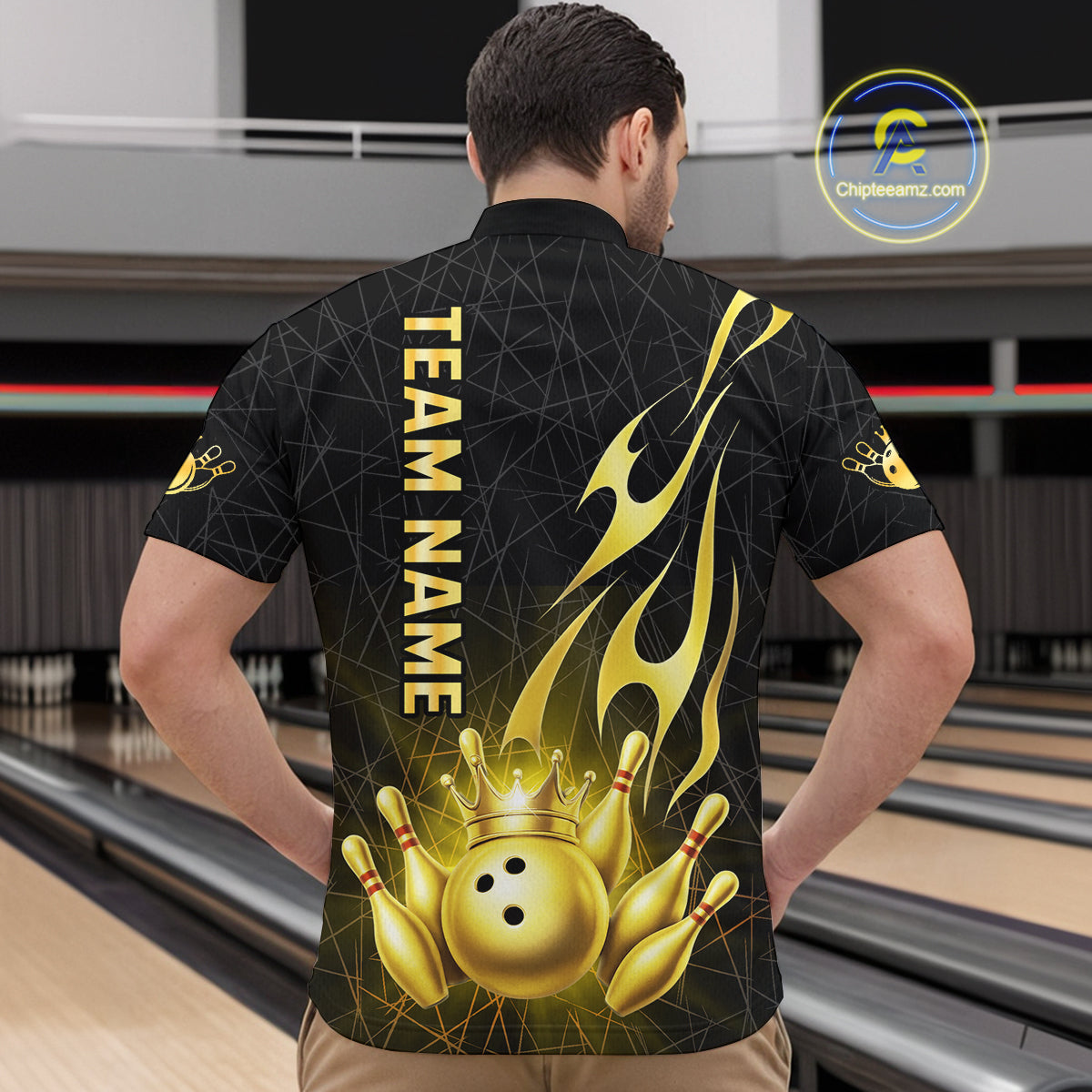 Black and Gold Flame Bowling Shirts For Men Custom Bowling Team League Jersey, Gift For Bowler NQS10439