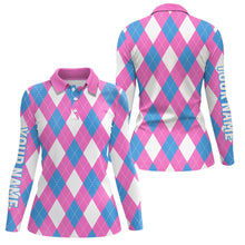 Load image into Gallery viewer, Womens golf polo shirt custom pink, blue and white argyle plaid pattern golf attire for women NQS8043