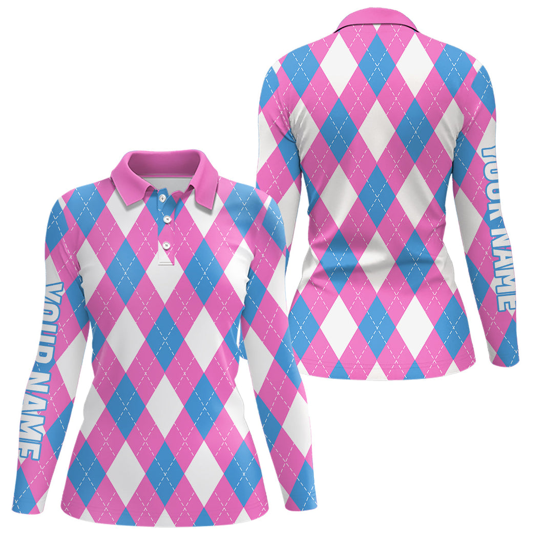 Womens golf polo shirt custom pink, blue and white argyle plaid pattern golf attire for women NQS8043