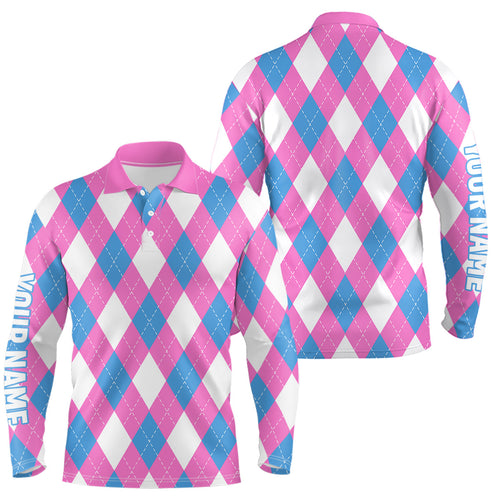 Mens golf polo shirt custom pink, blue and white argyle plaid pattern golf attire for men NQS8043