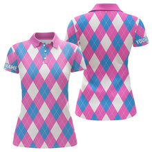 Load image into Gallery viewer, Womens golf polo shirt custom pink, blue and white argyle plaid pattern golf attire for women NQS8043