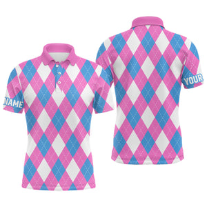 Mens golf polo shirt custom pink, blue and white argyle plaid pattern golf attire for men NQS8043