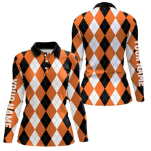 Load image into Gallery viewer, Womens golf polo shirt custom orange argyle plaid pattern golf attire for women NQS8045