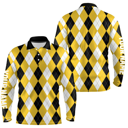 Mens golf polo shirt custom yellow argyle plaid pattern golf attire for men NQS8044