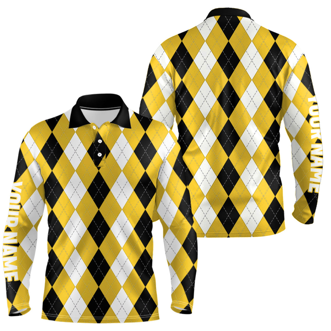 Mens golf polo shirt custom yellow argyle plaid pattern golf attire for men NQS8044