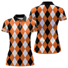 Load image into Gallery viewer, Womens golf polo shirt custom orange argyle plaid pattern golf attire for women NQS8045