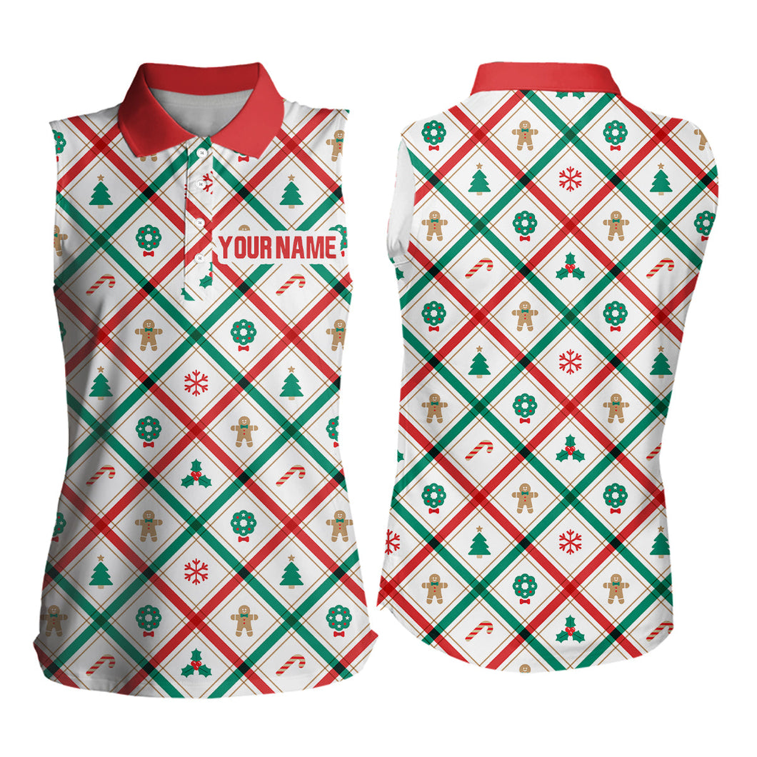 Red, white and green argyle Christmas pattern Women sleeveless polo Shirt custom team golf attire NQS8934