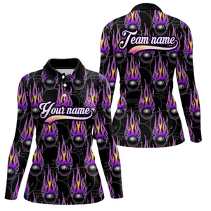 Black Bowling Ball Camo Purple Flame Bowling Polo, 1/4 Zip Shirt for Women Custom Bowling Team Jersey NQS8939