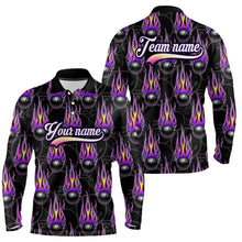 Load image into Gallery viewer, Black Bowling Ball Camo Purple Flame Bowling Polo, 1/4 Zip Shirt for Men Custom Bowling Team Jersey NQS8939