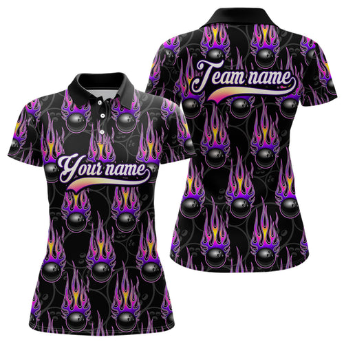 Black Bowling Ball Camo Purple Flame Bowling Polo, 1/4 Zip Shirt for Women Custom Bowling Team Jersey NQS8939