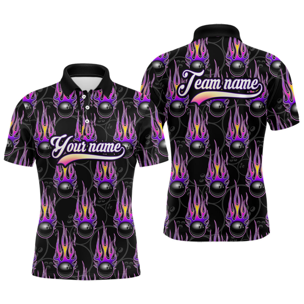 Black Bowling Ball Camo Purple Flame Bowling Polo, 1/4 Zip Shirt for Men Custom Bowling Team Jersey NQS8939