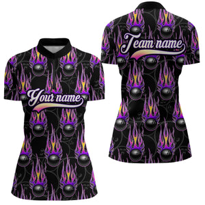 Black Bowling Ball Camo Purple Flame Bowling Polo, 1/4 Zip Shirt for Women Custom Bowling Team Jersey NQS8939