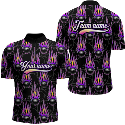 Black Bowling Ball Camo Purple Flame Bowling Polo, 1/4 Zip Shirt for Men Custom Bowling Team Jersey NQS8939