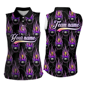 Black Bowling Ball Camo Purple Flame Women Bowling Sleeveless Polo Shirt Custom Bowling Team Jerseys NQS8939