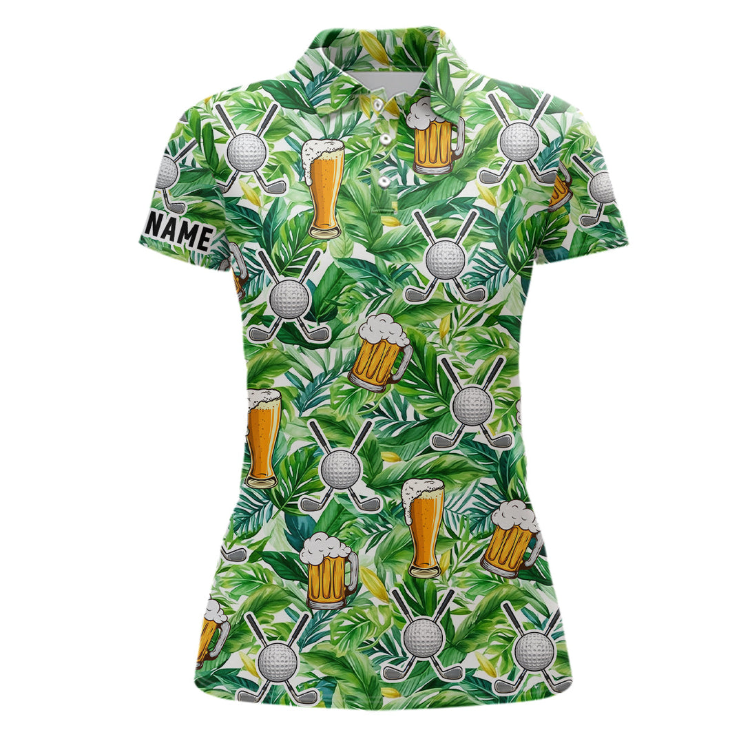 Funny Golf beer green tropical leaves pattern custom Womens golf polo shirt, golf tops for ladies NQS7471