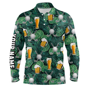 Green tropical leaves Golf beer pattern custom mens golf polo shirt, golf tops for men NQS7472