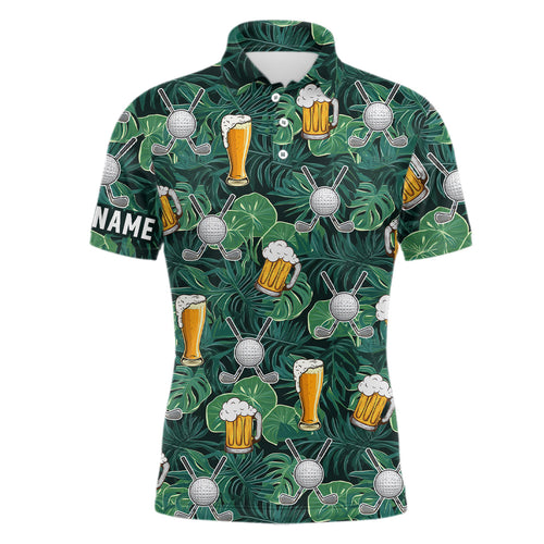 Green tropical leaves Golf beer pattern custom mens golf polo shirt, golf tops for men NQS7472