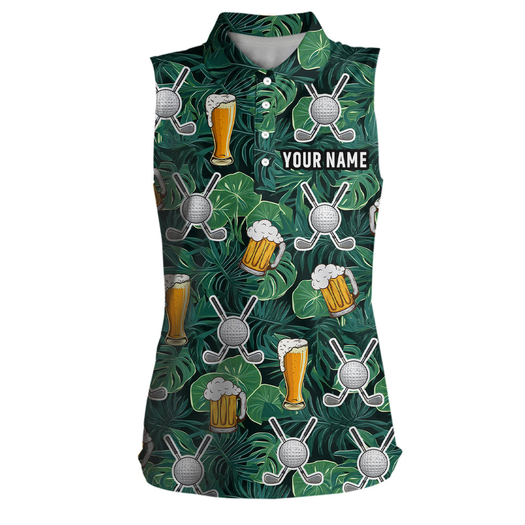 Green tropical leaves Golf beer pattern custom Women sleeveless polo shirt, golf tops for ladies NQS7472