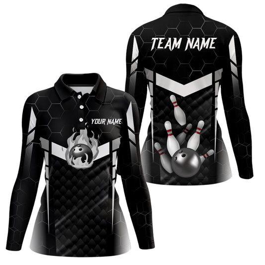 Personalized Bowling Polo, Quarter Zip Shirts For Women Custom Bowling Team Jerseys | Black NQS8479