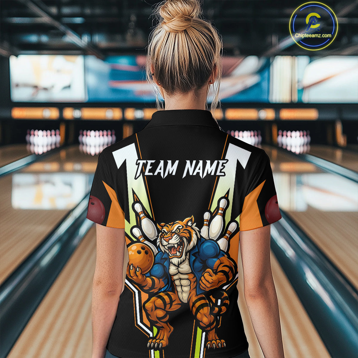 Black and Orange Tiger Bowling Team Polo, Quarter Zip Shirts For Women Custom Tiger Bowling Jerseys NQS11063