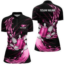 Load image into Gallery viewer, Black Womens bowling shirts Custom Pink flame Bowling ball and pins Team league bowler Jerseys NQS8483