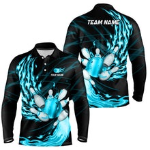 Load image into Gallery viewer, Black Mens bowling shirts Custom Cyan Blue flame Bowling ball and pins Team league bowler Jerseys NQS8486