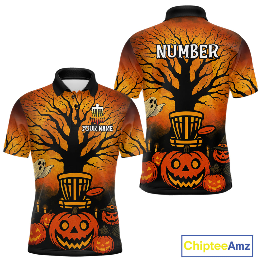 Black and Orange Funny pumpkin Halloween disc golf polo shirts for men Custom Team Disc Golf attire NQS10677