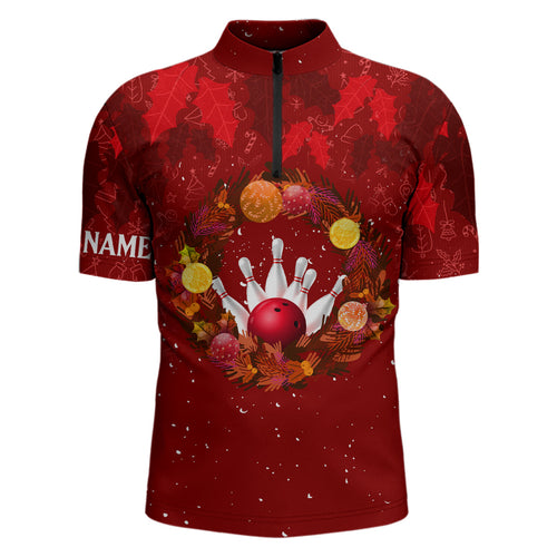 Red Christmas Wreath Mens Bowling Polo, Quarter-Zip Shirt Custom Christmas bowling tops for Team NQS8960